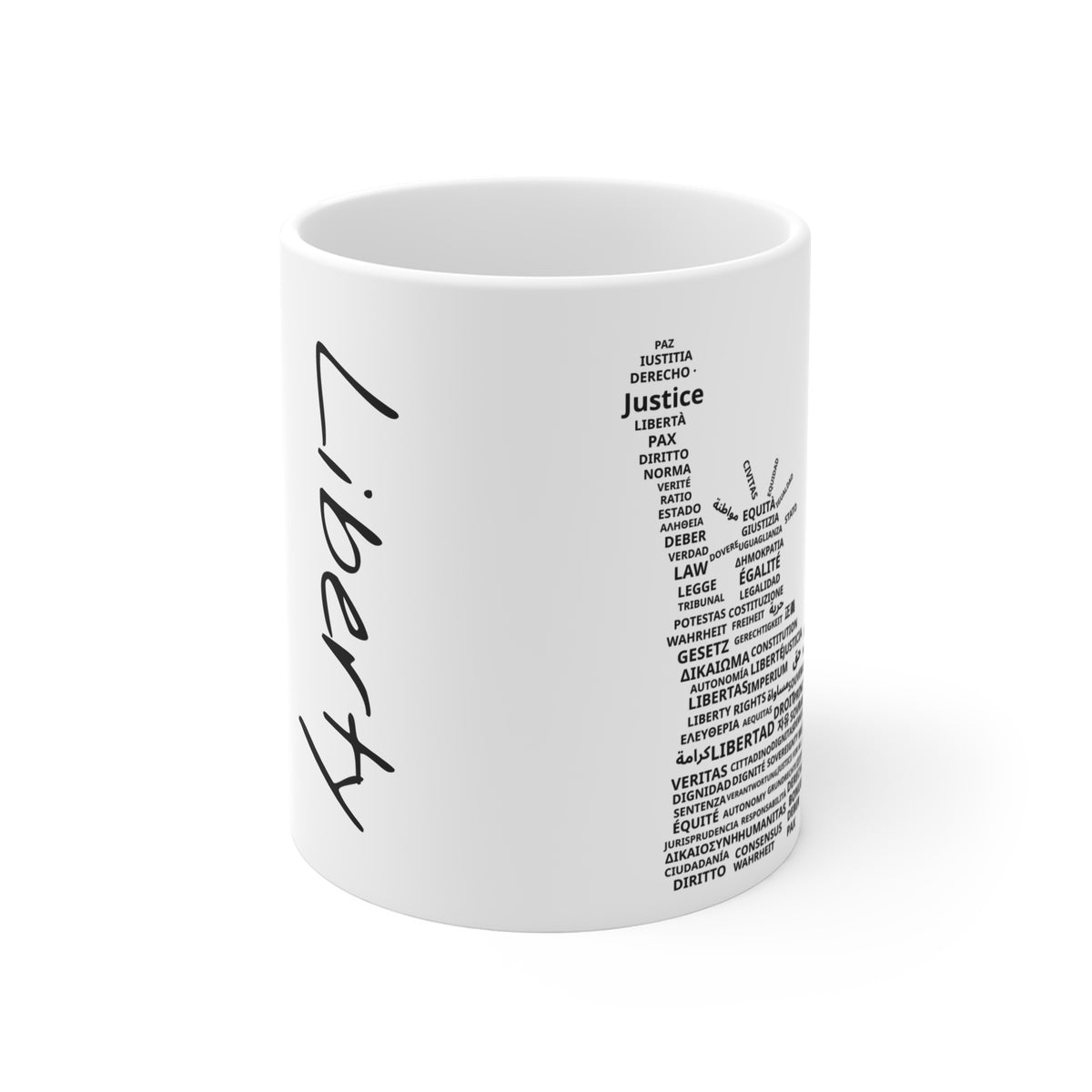 Justice Word-Art Mug — 11oz Typography Coffee Cup