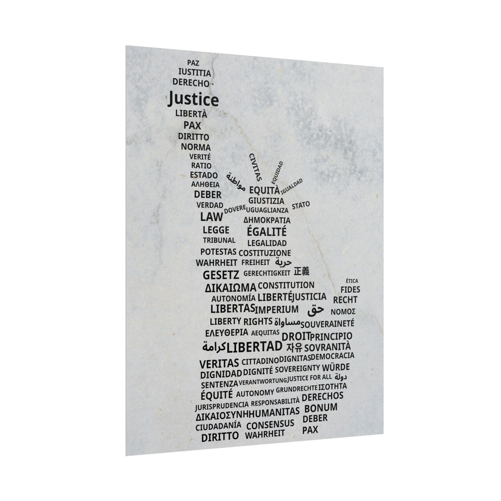 Rolled Poster — 'Justice' Word Cloud Statue Print, Multilingual Rights Art