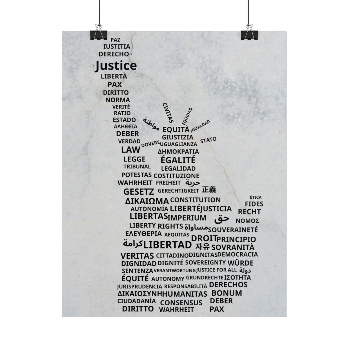 Rolled Poster — 'Justice' Word Cloud Statue Print, Multilingual Rights Art