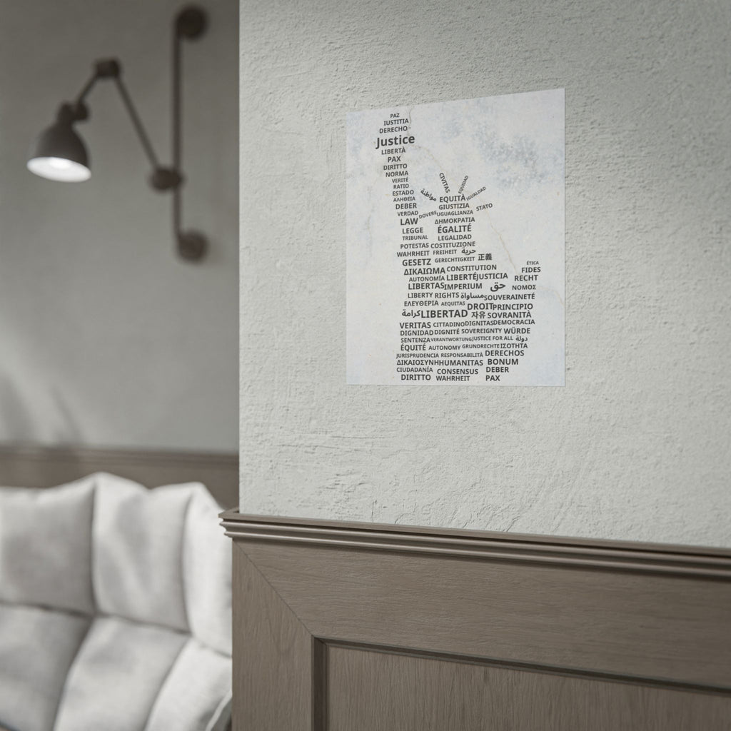 Rolled Poster — 'Justice' Word Cloud Statue Print, Multilingual Rights Art