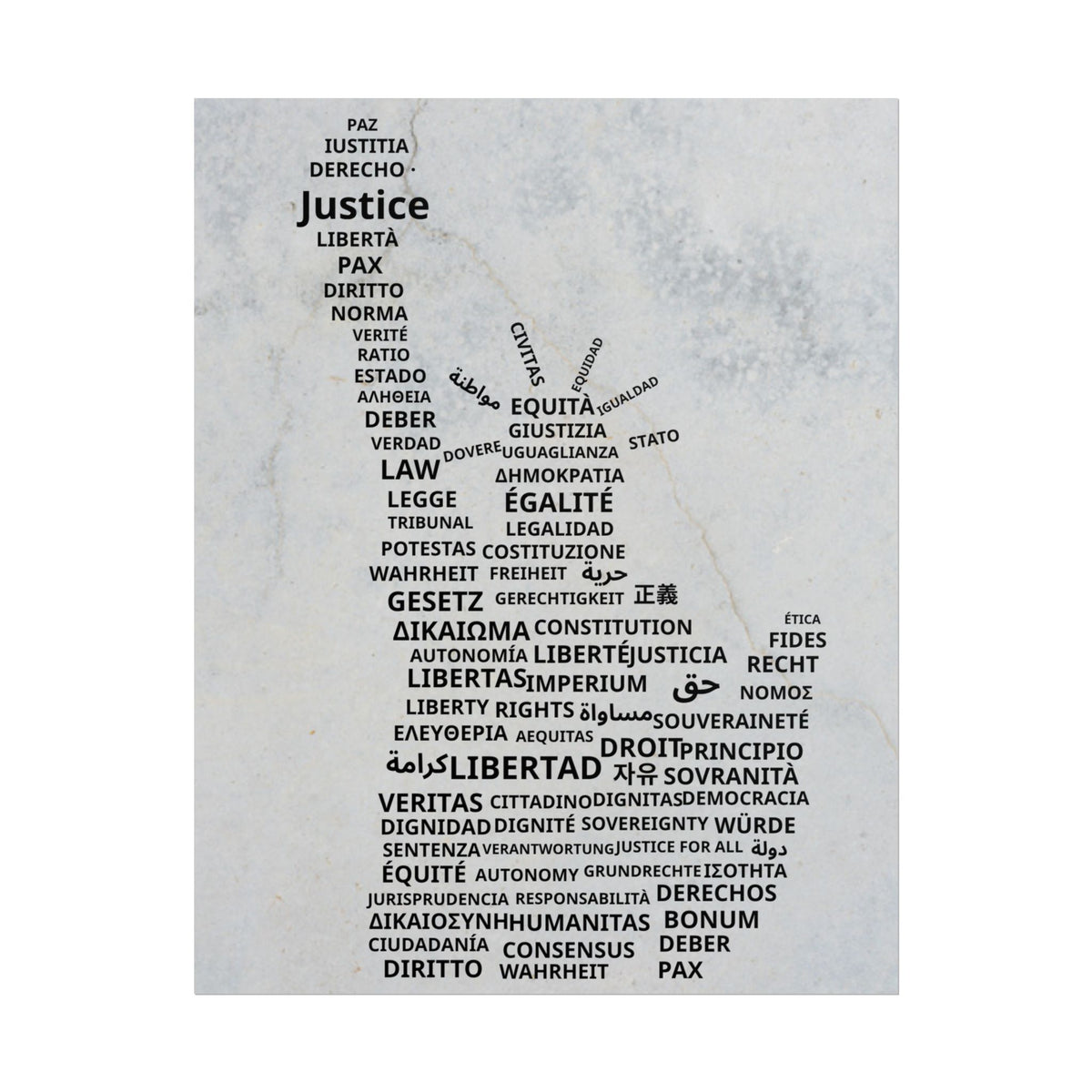 Rolled Poster — 'Justice' Word Cloud Statue Print, Multilingual Rights Art